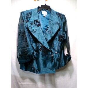 Kathy Roberts Women's Teal Floral Velvet Burnout Jacket 16W Rhinestone Clasp